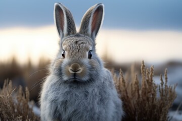 Fototapeta premium Realistic Side view portrait of wild rabbit. Brown cute hare in nature grass. Generate ai