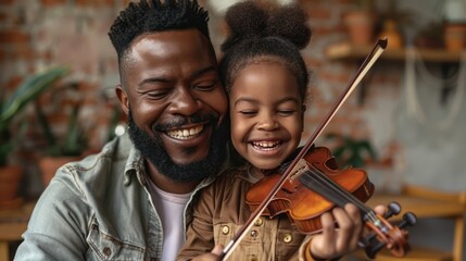 music is so much fun young father teaching his little daughter to play violin and smiling  