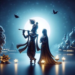 A Beautiful illustration of Lord Krishna playing flute for the Radha Rani under the Moonlight.  - obrazy, fototapety, plakaty