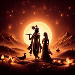 Beautiful silhouette of lord Krishna and Goddess Radha 