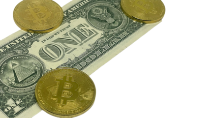 Three Bitcoins, two atop and one beside a one-dollar bill, symbolize the fusion of cryptocurrency with traditional currency, theme relevant for finance and technology sectors, PNG format