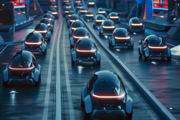 A futuristic city street with many autonomous cars driving down the road