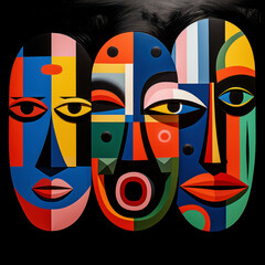 Bold cubist painting featuring complex faces with a medley of vibrant hues