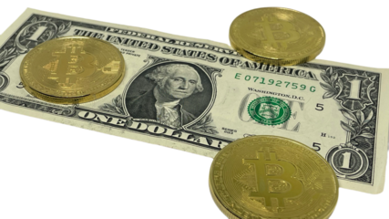 A US one-dollar bill lies flat with two Bitcoin coins on top, one resting on the edge, illustrating the concept of digital currencies versus traditional banknotes, likely in PNG format for clear usage