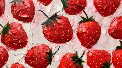 Bright Red Strawberries on light pink backdrop. Artistic Pattern. Vibrant Oil Painting Palette Knife