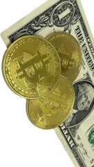 Three Bitcoin coins overlapping a US one-dollar bill, depicting the integration of cryptocurrency...