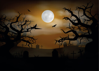 Halloween dark forest background with creepy cemetery landscape of night sky fantasy forest in moonlight.