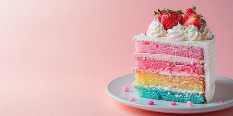 Delicious colorful slice of cake with white frosting and strawberries. Pastel cake on a pink background with copy space.