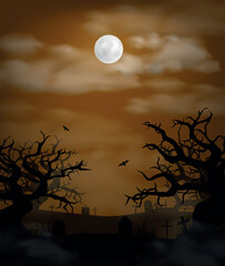Halloween dark forest background with creepy cemetery landscape of night sky fantasy forest in moonlight.