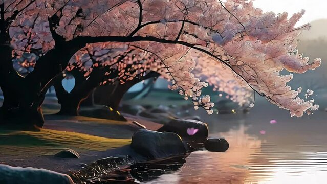 Cherry Blossoms Adorning the Riverbank in Springtime Splendor. Seamless looping 4k timelapse virtual video animation background generated AI 
