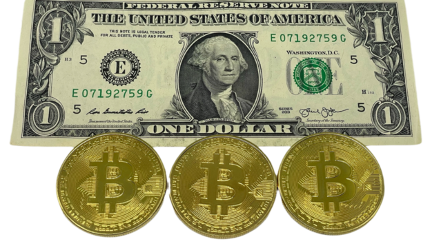 Golden Bitcoin coins lie on top of a US dollar bill, intersection of cryptocurrency and traditional currency, suitable for financial and technological concept, PNG format transparent background.