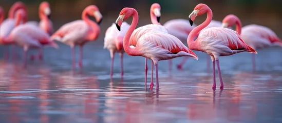 Gardinen A group of greater flamingos with their iconic pink feathers are gathered in a serene lake, gracefully standing in the water with their long beaks submerged © 2rogan