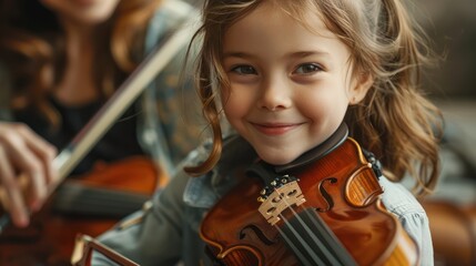 charming little girl learning to play the violin with an artistic music teacher   - Powered by Adobe