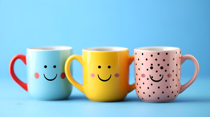 Coffee mugs with smiling faces with blue  background