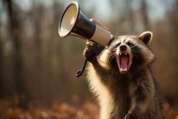 Furry Cute raccoon megaphone. Cute funny audio. Generate Ai - obrazy, fototapety, plakaty