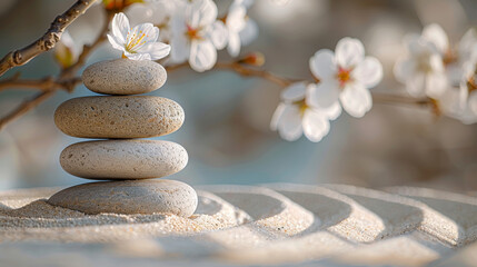 Fototapeta na wymiar Spring's serene minimalism Japanese Zen garden, with white sand, smooth stones, and sakura, embodying mindfulness in the morning