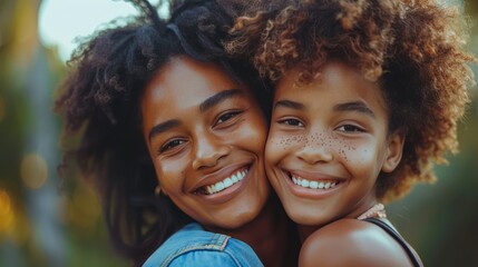 african american woman hugging her smiling teen daughter family love single parent child concept  