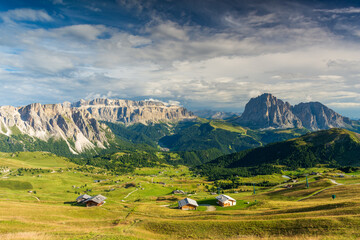 View from Seceda mountain on the Val Gardena in the Italian Dolomites in sunny sumer day with green...