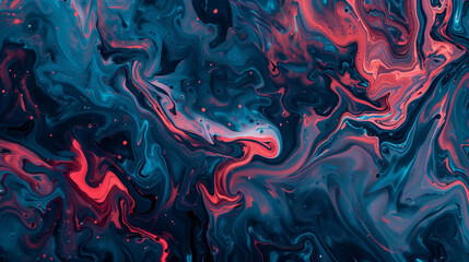 Abstract fluid art background, dark blue and red colors, with some small neon pink accents in the...