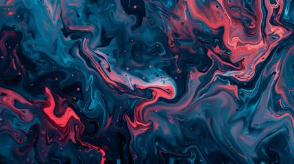 Foto op Aluminium Abstract fluid art background, dark blue and red colors, with some small neon pink accents in the style of no artist.  © Artistiao