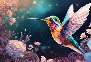 "Pastel Whirl: Hyper-Realistic Hummingbird Illustration"