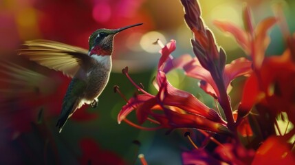 Hummingbird Feasting on Vibrant Flowers in Sunlit Garden