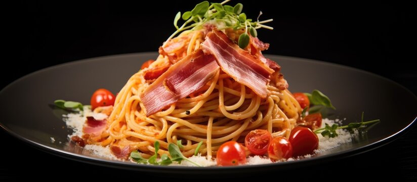 A delicious plate of al dente stringozzi noodles with bacon, tomatoes, and leaf vegetables, served on elegant tableware against a black background. A delectable Italian cuisine recipe