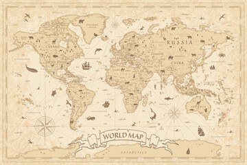 Fototapeta na wymiar World Map Vintage Ancient Cartoon - vector with layers
