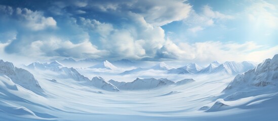 A natural landscape painting capturing a snowy mountain range with fluffy cumulus clouds in the sky, creating a serene atmosphere and sense of vastness