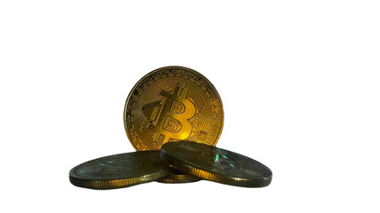 Three bitcoin coins in focus, with gold color, against a white background, representing digital cryptocurrency, transparent PNG format.