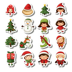 Set of various cute cartoon stickers for Christmas use on isolated white backgrounds.