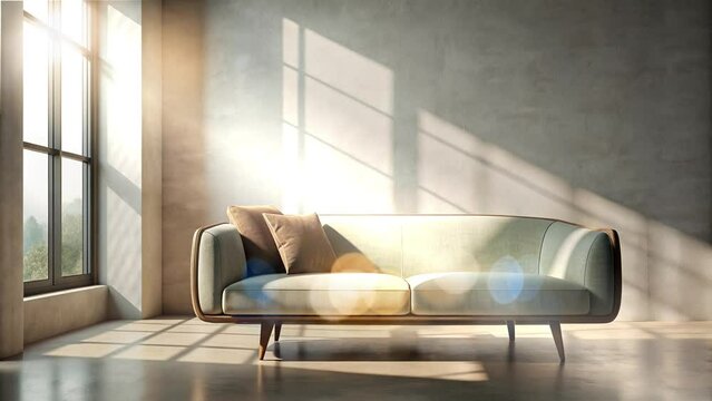 minimalist sofa with 2 pillows next to the window and sunlight entering the room