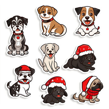 Set of stickers depicting various cute cartoon dogs for Christmas use on isolated white backgrounds.