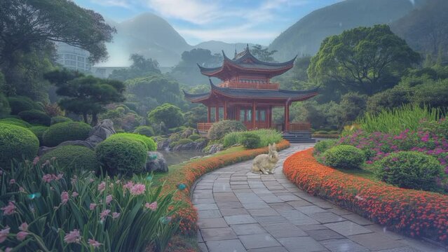 Tranquil scene of a flower garden surrounding a serene Chinese temple, with butterflies and rabbits frolicking amidst the picturesque mountains..seamless looping time-lapse animation video background