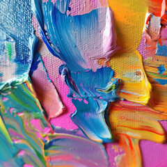 Macro Detail of Colorful Oil Paint Swirls and Textured Brush Strokes on Canvas, Abstract Art...