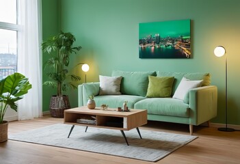 A luxurious living room with a green sofa and decor, light green walls, decor in a greenish color