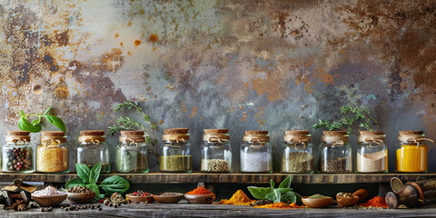 A rustic arrangement of spices in glass jars against an aged, textured backdrop, evoking a sense of culinary tradition