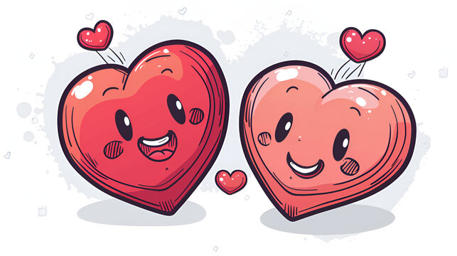 Cute heart emoji. Smiling face icon kawaii concept. Pair of red hearts with wings with cute smile. Cheerful cartoon funny face illustration. Japanese culture symbol anime innocence childishness love - Powered by Adobe