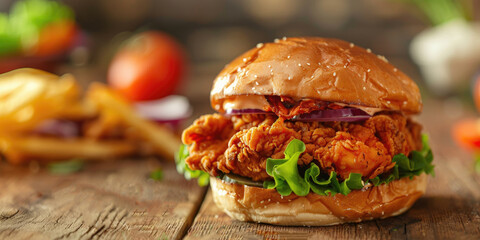 Delicious Crispy Chicken Sandwich on a Wooden Table