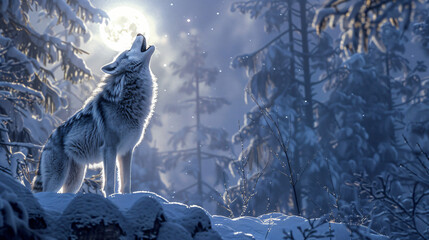 Majestic wolf howling at the moon in a snowy forest - obrazy, fototapety, plakaty