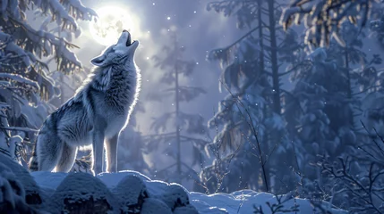 Foto op Aluminium Majestic wolf howling at the moon in a snowy forest © Asad