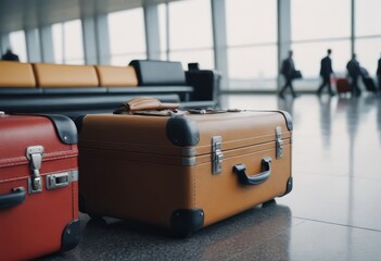 stack of traveling luggage in airport terminal and passenger plane flying over sky - obrazy, fototapety, plakaty