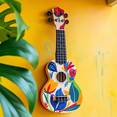 Vibrantly Painted Ukulele with Floral and Nature Design on a Yellow Textured Background, Tropical Music Concept