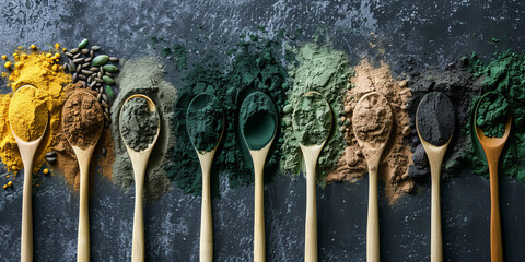Assorted spices in wooden spoons neatly aligned on dark textured surface, showcasing vibrant colors and textures