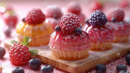 Glistening Berry Topped Desserts on a Wooden Platter