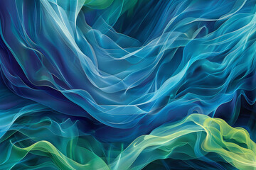 Obraz premium A abstract background of blue and green waves, flowing and swirling together. The waves are of different shapes and textures, and create a harmony and a depth.