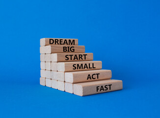 Dream Big Start Small Act Fast symbol. Concept words Dream Big Start Small Act Fast on wooden...