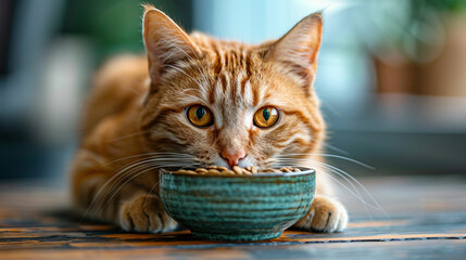 The cat tries to bury the bowl with food, lack of appetite. Made with generative ai - obrazy, fototapety, plakaty