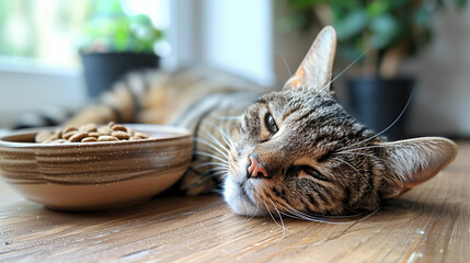 The cat tries to bury the bowl with food, lack of appetite. Made with generative ai