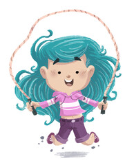 Little girl jumping rope happy